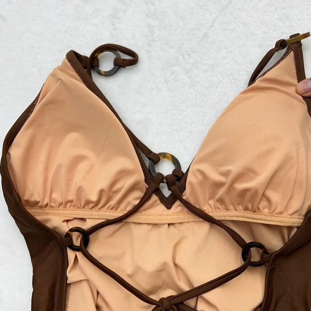 J.Crew O-Ring V-Neck One-Piece Swimsuit Women's 10 Brown Cheeky‎